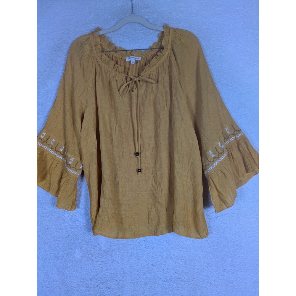 Parallel Skies Peasant Top Women's Large Mustard Yellow Embroidered Bell Sleeve